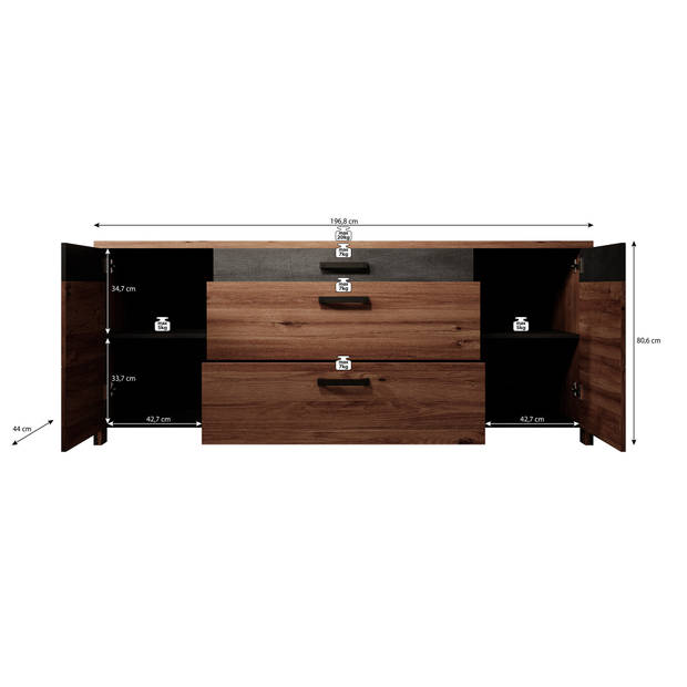 Meubella Dressoir Baron - Antraciet - Eiken - 197 cm