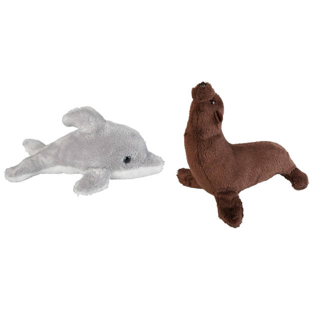 Zeedieren serie zachte pluche knuffels 2x stuks - Dolfijn en Zeeleeuw van 15 cm - Knuffel zeedieren