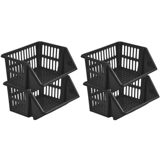 Mand/organizer - 4x - stapelbaar - zwart - 35 x 29 x 27 cm - Opbergmanden