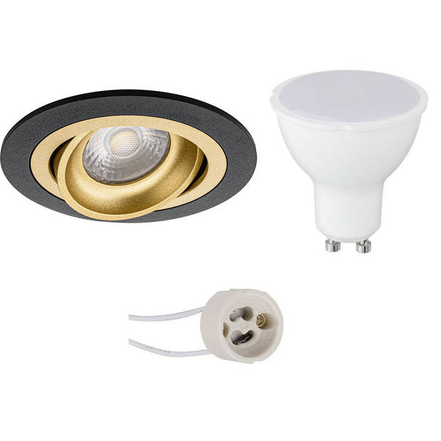 LED Spot Set - Aigi - Pragmi Alpin Pro - GU10 Fitting - Inbouw Rond - Mat Zwart/Goud - 6W - Helder/Koud Wit 6400K -