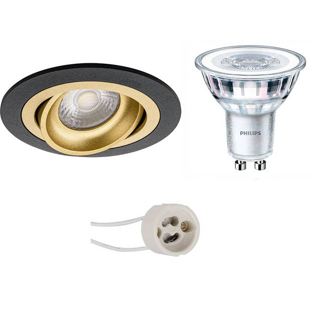 LED Spot Set - Pragmi Alpin Pro - GU10 Fitting - Inbouw Rond - Mat Zwart/Goud - Kantelbaar Ø92mm - Philips - CorePro 840