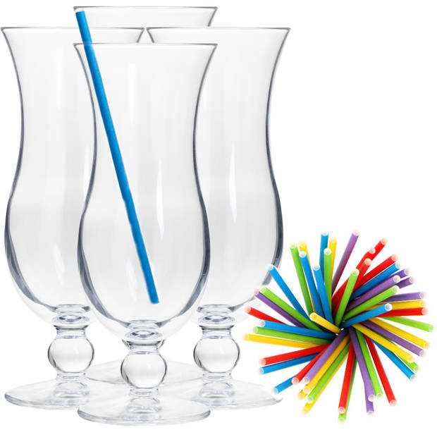 Cocktail set van 4x cocktail glazen en 100x duurzame rietjes gekleurd - Drinkglazen
