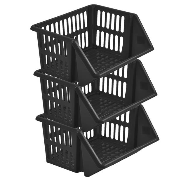 Mand/organizer - 3x - stapelbaar - zwart - 35 x 29 x 27 cm - Opbergmanden