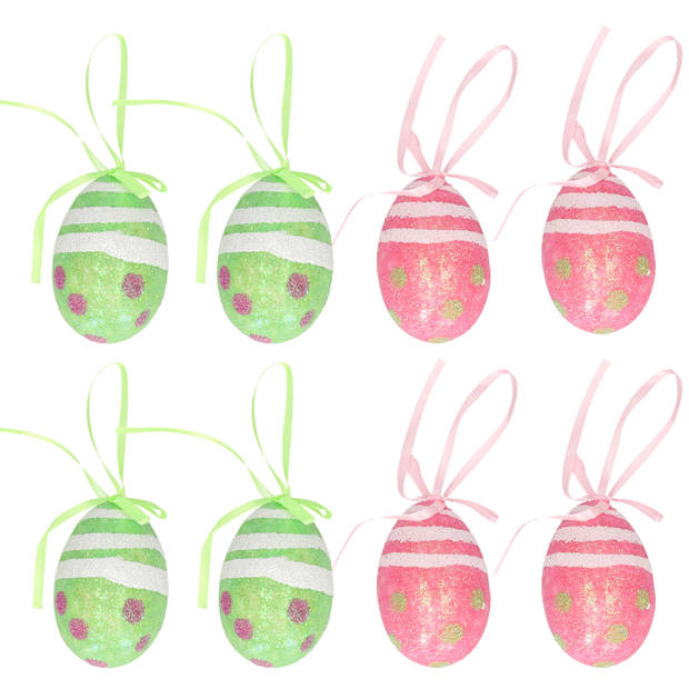 Decoratie paaseieren hangend - 12x stuks - groen/roze - piepschuim - 6 cm - Feestdecoratievoorwerp