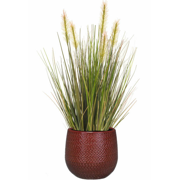 Emerald Kunstplant - groen gras 45 cm - rood bloempot keramiek - Kunstplanten