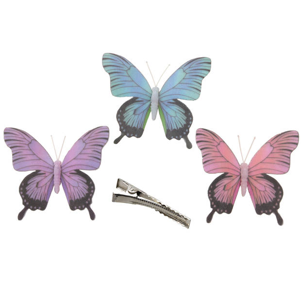 3x stuks decoratie vlinders op clip - paars/blauw/roze - 12 cm - Hobbydecoratieobject