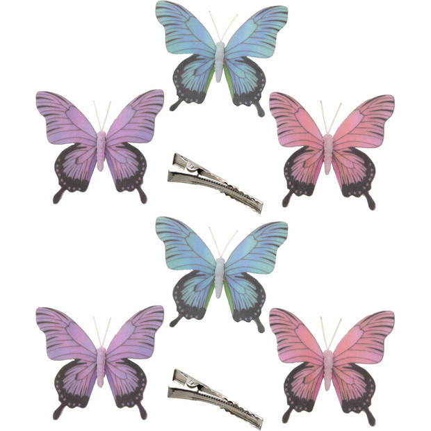 6x stuks decoratie vlinders op clip - paars/blauw/roze - 12 cm - Hobbydecoratieobject
