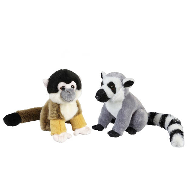 Apen serie zachte pluche knuffels 2x stuks - Ringstaart Maki en Squirrel Aapje van 18 cm - Knuffel bosdieren