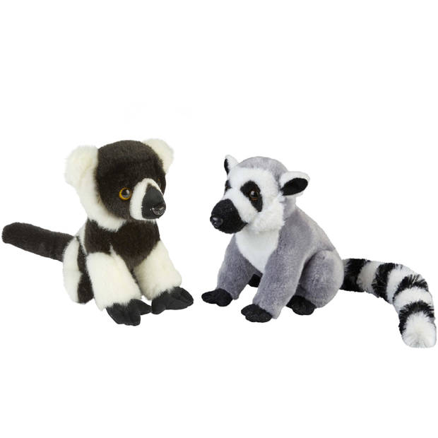 Apen serie zachte pluche knuffels 2x stuks - Ringstaart Maki en Lemur Aapje van 18 cm - Knuffel bosdieren