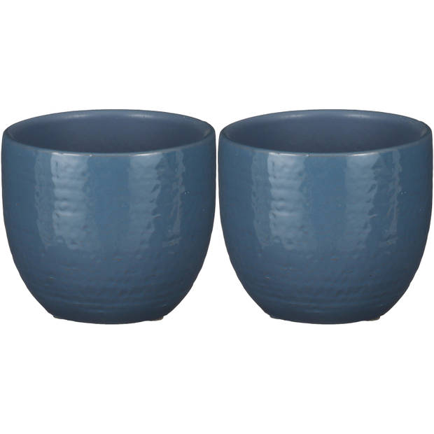 2x stuks plantenpot/bloempot blauw glans met flakes patroon - D14/H12 cm - Plantenpotten