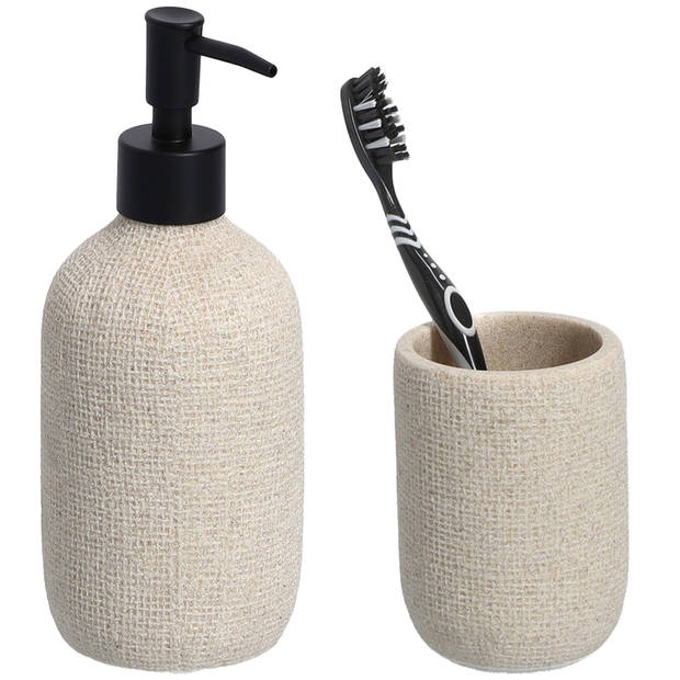 Badkamer accessoires set - kunststeen - jute look - beige - Zeeppompjes