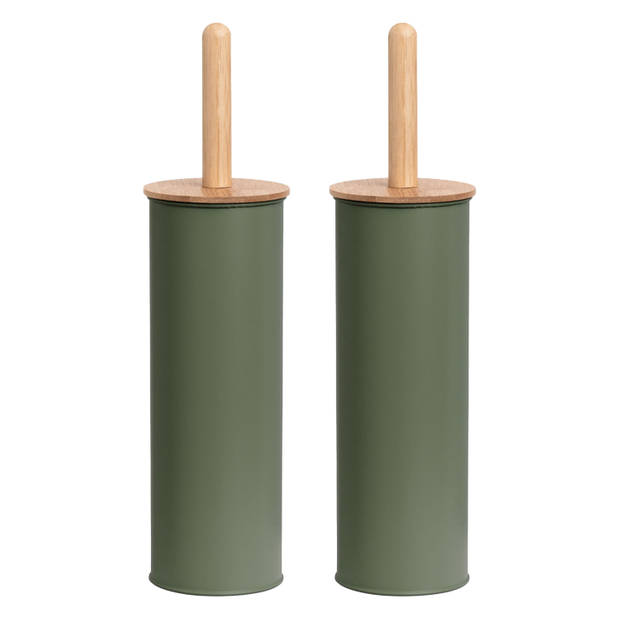 2x Stuks WC/Toiletborstel in houder metaal/bamboe hout - salie groen - 38 x 10 cm - Toiletborstels