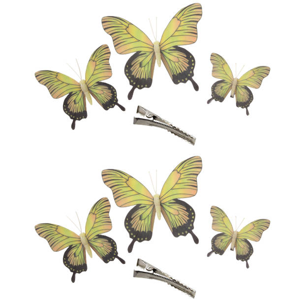 6x stuks decoratie vlinders op clip - geel - 3 formaten - 12/16/20 cm - Hobbydecoratieobject
