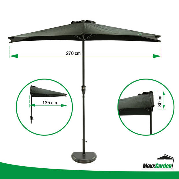 MaxxGarden Balkonparasol - Aluminium Parasol - Halfrond - Ø 270 cm- Set met Extra Voet (zwart)