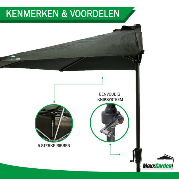 MaxxGarden Balkonparasol - Aluminium Parasol - Halfrond - Ø 270 cm- Set met Extra Voet (zwart)