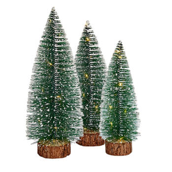 Kleine/mini decoratie kerstboompjes set van 3x st met licht 25-35 cm - Kerstdorpen