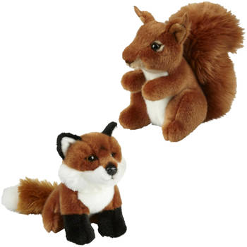 Knuffeldieren set vos en eekhoorn pluche knuffels 18 cm - Knuffel bosdieren