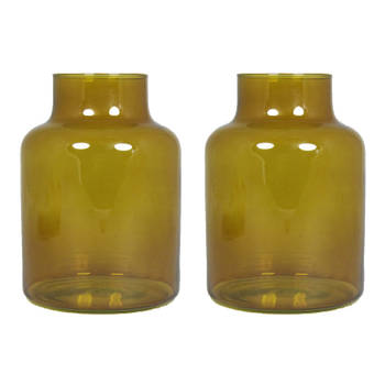 Floran Bloemenvaas Milan - 2x - transparant oker geel glas - D15 x H20 cm - melkbus vaas - Vazen