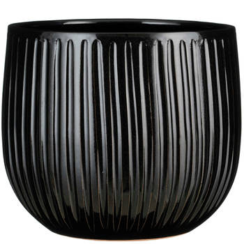 Mica Decorations Plantenpot - keramiek - zwart ribbel - D29-H25 cm - Plantenpotten