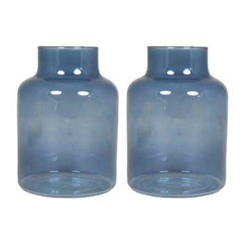 Floran Bloemenvaas Milan - 2x - transparant blauw glas - D15 x H20 cm - melkbus vaas met smalle hals - Vazen