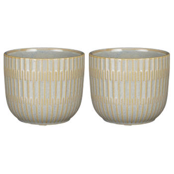 2x Stuks Plantenpot/bloempot keramiek lichtgrijs stripes patroon - D11/H9 cm - Plantenpotten