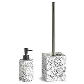 Zeller WC-borstel in houder met zeeppompje - wit - kunststeen - Badkameraccessoireset