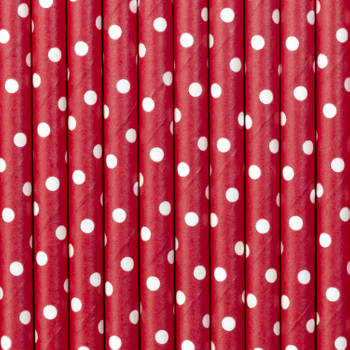 Drinkrietjes - papier - 10x - rood/wit polkadots - 19,5 cm - rietjes - Drinkrietjes