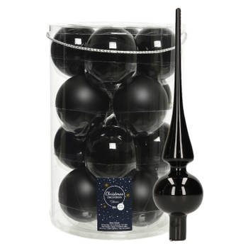 Decoris kerstballen 16x stuks 8 cm incl. piek glans zwart - glas - Kerstbal