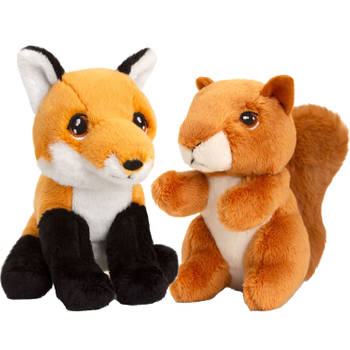 Pluche knuffels rode vos en eekhoorn bosdieren vriendjes 12 cm - Knuffeldier