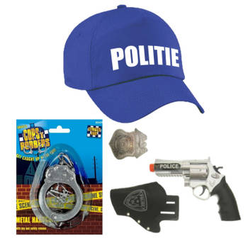 Politie verkleed cap/pet blauw met pistool/holster/badge/handboeien voor kinderen - Verkleedhoofddeksels