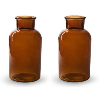 2x Stuks Bloemenvazen - mahonie bruin/transparant glas - H20 x D10 cm - Vazen