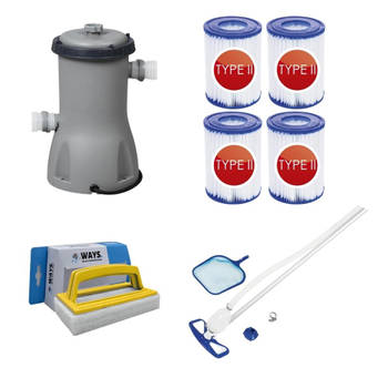 Bestway - Zwembadstofzuiger AquaClean & Filterpomp 3028 L/u & 4 Filters Type II & WAYS Scrubborstel