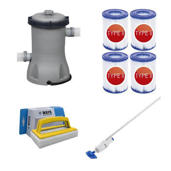 Bestway - Zwembadstofzuiger AquaReach & Filterpomp 2006 L/u & 4 Filters Type II & WAYS Scrubborstel