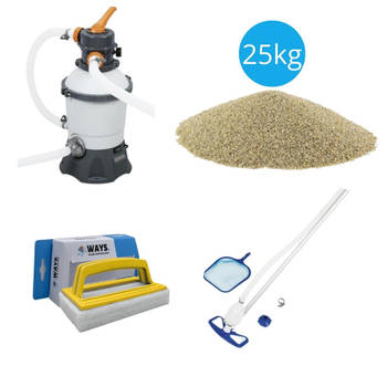 Bestway - Zwembadstofzuiger AquaClean & Zandfilterpomp 3028 L/u & Filterzand 25 kg & WAYS Scrubborstel