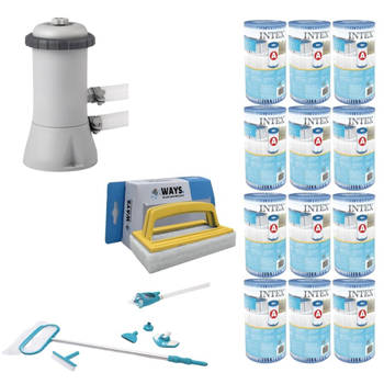 WAYS - Zwembad Onderhoud - Onderhoudsset Deluxe & Filterpomp 2271 L/u & 12 Filters Type A & WAYS Scrubborstel