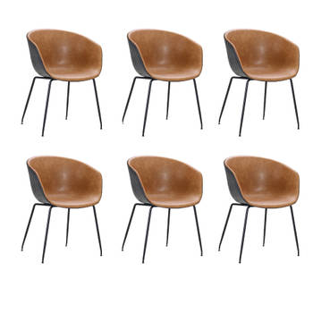 Bronx71 Industriële eetkamerstoel Sara cognac/zwart PU leer - Eetkamerstoelen set van 6.