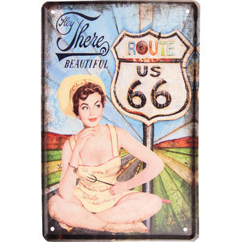 Clayre & Eef Wanddecoratie 20x30 cm Blauw Groen Metaal Route 66 Muurdecoratie Wandversiering Tekstbord