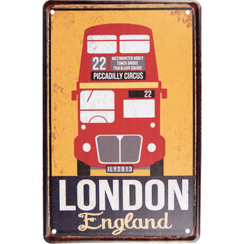 Clayre & Eef Wanddecoratie 20x30 cm Geel Rood Metaal London England Muurdecoratie Wandversiering Tekstbord
