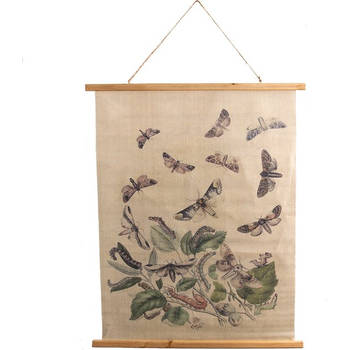 Clayre & Eef Wandkleed 80x100 cm Beige Hout Textiel Rechthoek Vlinders Wanddoek Wandhanger Wandkaart