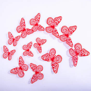 Cake topper decoratie vlinders of muur decoratie met plakkers 12 stuks rood - 3D vlinders - VL-03