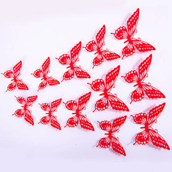 Cake topper decoratie vlinders en muur decoratie met plakkers 12 stuks rood - 3D vlinders - VL-04