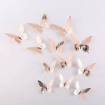 Cake topper decoratie vlinders of muur decoratie met plakkers 12 stuks rosé - 3D vlinders - VL-04