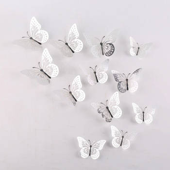 Cake topper decoratie vlinders of muur decoratie met plakkers 12 stuks zilver - 3D vlinders - VL-01