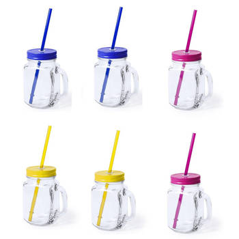 6x stuks drink potjes van glas Mason Jar geel/blauw/roze 500 ml - Drinkbekers