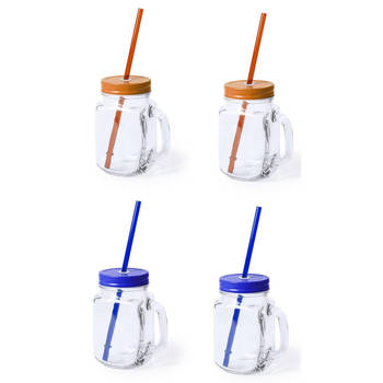 4x stuks drink potjes van glas Mason Jar blauw/oranje 500 ml - Drinkbekers