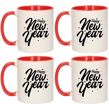 Set van 4x stuks cadeau mokken rood happy new year met sterren en sneeuwvlokken 300 ml - Bekers