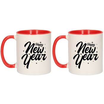 Set van 2x stuks cadeau mokken rood happy new year met sterren en sneeuwvlokken 300 ml - Bekers