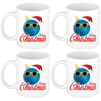 Set van 4x stuks kerstcadeau mokken / bekers Merry Christmas vrolijke smiley kerstbal 300 ml - Bekers