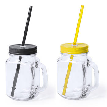 4x stuks drink potjes van glas Mason Jar zwart/geel 500 ml - Drinkbekers