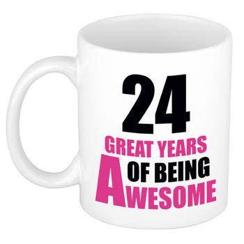 24 great years of being awesome cadeau mok / beker wit en roze - verjaardagscadeau 24 jaar - feest mokken